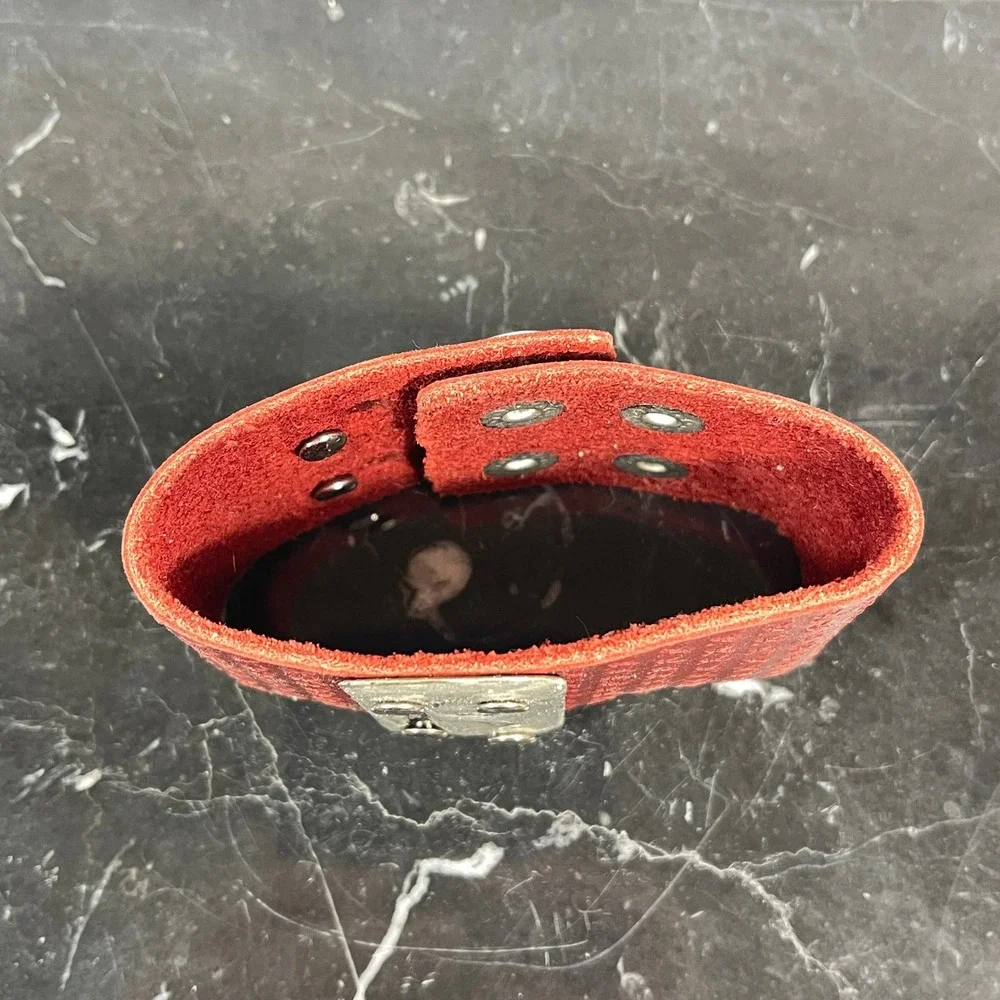 Plunder Red Leather Cuff Bracelet with P‎ Initial Metal Accent Snap Closure